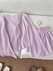 Resyla Women's Solid Color Minimalist Long Sleeve Shirt And Shorts Set, Casual Daily Wear Vacation Lilac Purple Autumn - Mauve Purple - View 2