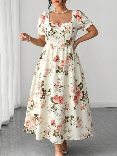Elenzga Vestido de manga corta con cuello de mariposa con lazo y estampado de lunares elegante y vintage para mujer de talla grande, primavera/verano