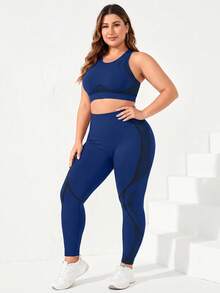 SHEIN Rhythm Era 無縫運動瑜伽背心與 9/10 分長緊身褲套裝 / 純色背心 / 高腰收腹提臀 / 時尚性感 / 健身運動 / 戶外跑步 / 騎單車 - 藏蓝色 - 查看 4