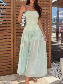 Firerie Women's Elegant Sexy Romantic Beach Vacation Golf Garden Party Holiday Date Strapless Dress Pastal Floral Summer Sage Green - Green - View 10