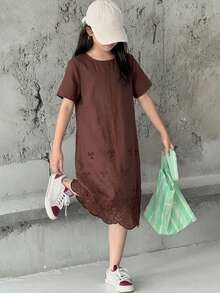 Hapijoa Tween Girls Round Neck Knit Contrast Mesh Dress, Summer Vacation - Brown - View 3