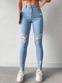 SHEIN Grande taille, jeans skinny taille haute déchiré en lavage clair - Jean clair - Voir 1