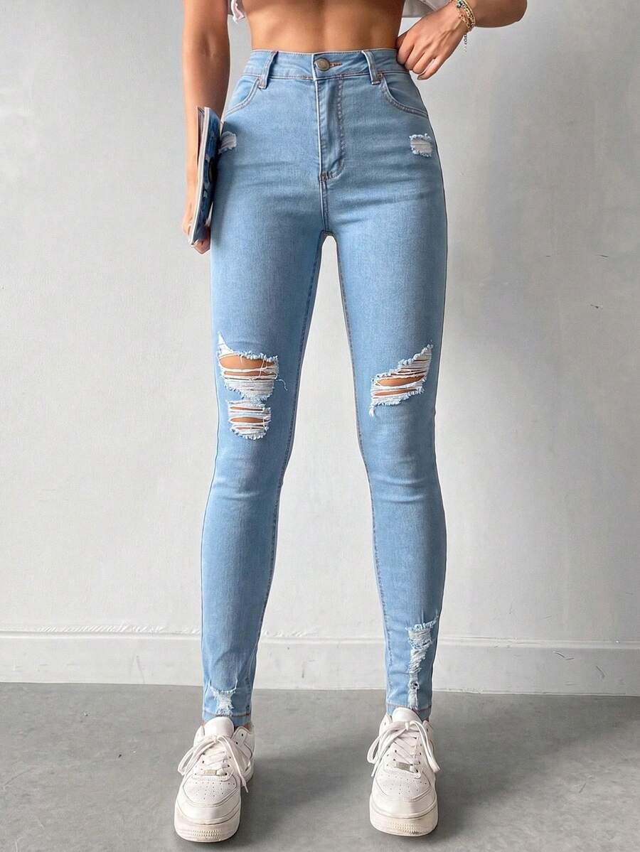 SHEIN Grande taille, jeans skinny taille haute déchiré en lavage clair - Jean clair - Voir 1