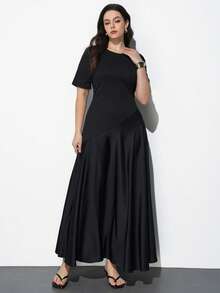 Maija Plus Size Spring/Summer Black Round Neck Short Sleeve Asymmetrical Cut Knit Spliced Flowy Hem Women's Dress Elegant Brunch Tea Party Formal - Black - View 4