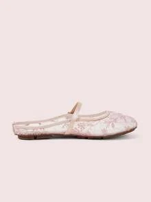 CUCCOO DOLLMOD Women's Shoes, Light Pink, Round Toe Dew Heel Closed Toe Sandals, Flower Embroidered Mesh Yarn, Sweet And Cute, Comfortable, Soft And Breathable - Branches - Powder - View 5