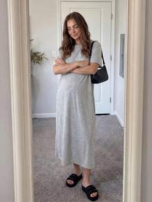 Slowluna 孕婦休閒日常通勤素色寬鬆落肩T恤洋裝 - 淺灰色 - 查看 5