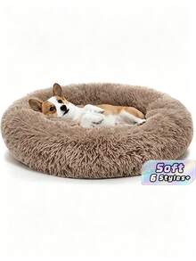 1 pieza Cama redonda para mascotas tipo dona en color caqui marrón, suave, cálida y acogedora, antideslizante, lavable a máquina, para uso en interiores para perros y gatos, disponible en múltiples tamaños, cómodo cojín para dormir - Marrón - Ver 1