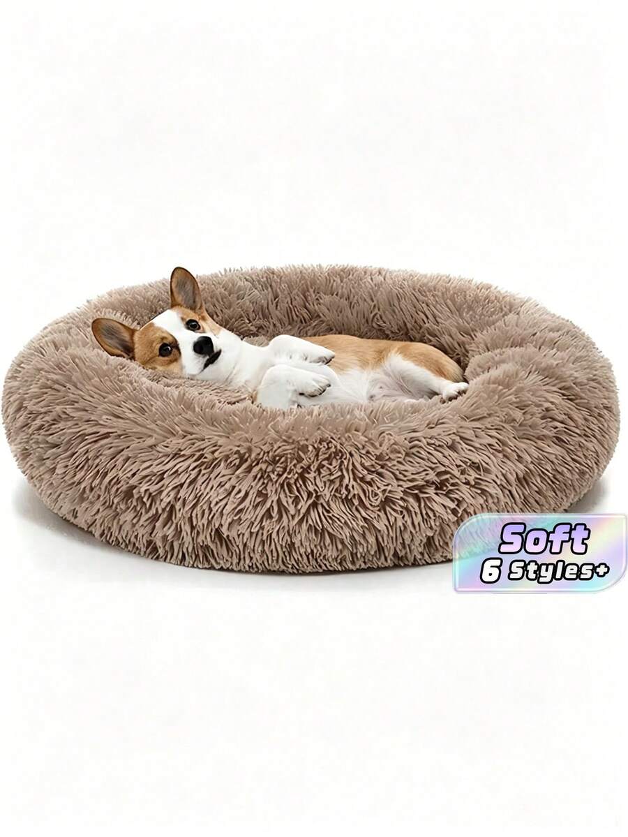 1 pieza Cama redonda para mascotas tipo dona en color caqui marrón, suave, cálida y acogedora, antideslizante, lavable a máquina, para uso en interiores para perros y gatos, disponible en múltiples tamaños, cómodo cojín para dormir - Marrón - Ver 1