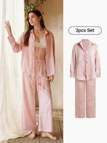 MOTF PREMIUM WOMEN'S FRONT BUTTON SHIRT AND PANTS PAJAMA SET - Pink - View 1