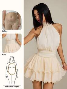 SHEIN PETITE 女士时尚百搭褶皱露背荷叶边下摆连衣裙 - 米色 - 查看 10