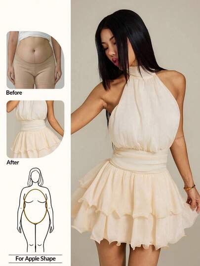 SHEIN PETITE 女士时尚百搭褶皱露背荷叶边下摆连衣裙