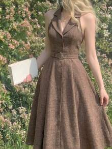 Skyraze Robe sans manches à épaules tombantes avec col châle kaki des années 70, style rétro universitaire, tenue western - Tabac - Voir 4