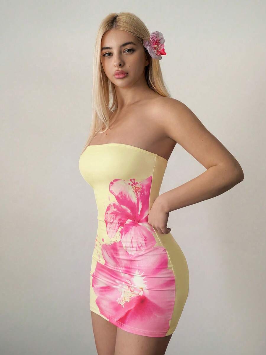 Sweetina Women's Summer Beach Vacation Style Floral Print Fitted Mini Bandeau Dress - Light Yellow - View 1