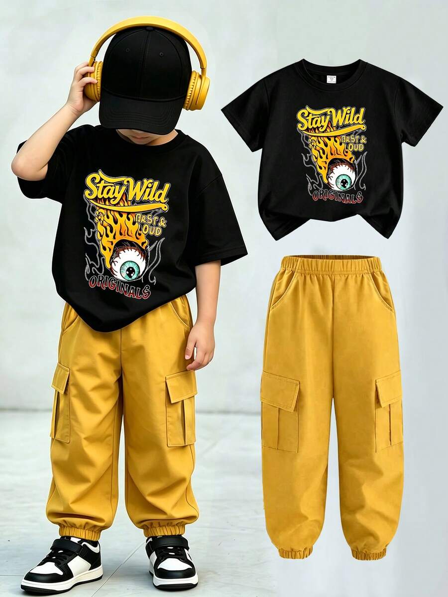 SHEIN 小男孩街頭塗鴉火焰眼字母印花短袖T恤與工裝褲套裝,黑色T恤搭配黃色工裝褲,夏季返校穿搭 - 彩色 - 查看 1