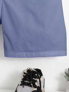 SHEIN Tween Boys' Elastic Waist Decorative Button Front Solid Color Shorts, Summer - Dusty Blue - View 3