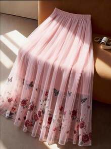 GlowEve CURVE Große Größen Damen Blume Muster A-Linien Rock, französisch elegant minimalistisch energiegeladen mädchenhaft romantischer Rock - Pink - Übersicht 2
