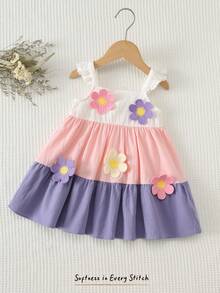 Cozy Pixies Vestido de tirantes con bloque de color y decoración floral para bebé niña, versátil y cómodo - Rosa - Ver 8