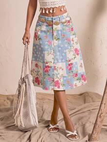 Jeanoix BOHO Patchwork Floral Pattern Washed Denim A-Line Skirt - Multicolor - View 4