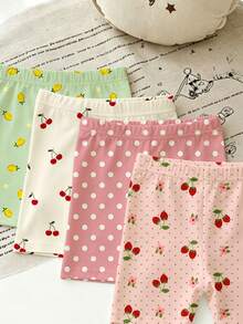 SHEIN Playful Pals 4条装女童水果印花柔软弹力短裤，包括柠檬、樱桃、波点、草莓款式，轻盈弹力面料，适合日常穿着、上学、外出、叠穿，春夏秋季皆宜。 - 彩色 - 查看 3