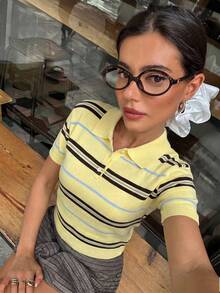 Aloruh Women's Yellow Retro Vintage Collegiate Style Polo Neck Contrast Stripe Long Sleeve Loose Sweater,Casual Summer School Back-To-School Spring Outfit - Multicolor - View 3