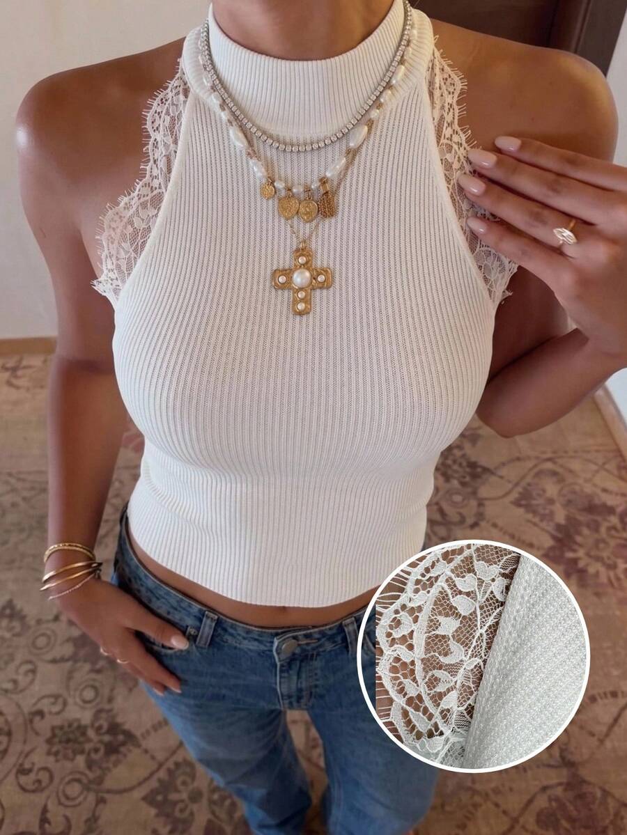 SHEIN EZwear Áo len nữ không tay cổ đứng, phối ren, màu trơn. - trắng - Xem 1