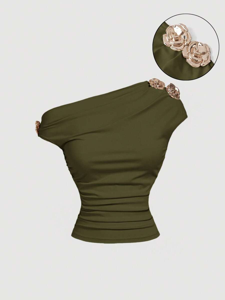 SHEIN MOD 女士纯色修身装饰纽扣T恤 - 軍綠色 - 查看 1