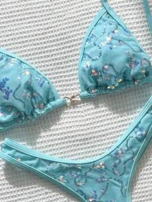 Swim Mod Springbreak 2pcs/Set Summer Vacation Random Animal Print Top And High Cut Sexy Bikini Bottoms - Mint Blue - View 3