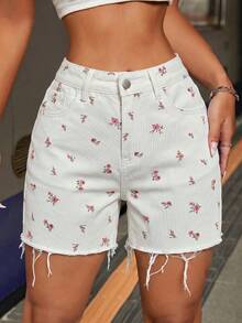 SHEIN PETITE Women's Casual Cute Everyday Denim Shorts With Pockets And Floral Print Picnic Vacation White Floral Summer - White - View 4