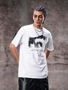 男士街頭風白色模糊字母圖案 emo 短袖 T-shirt - 白色 - 查看 6