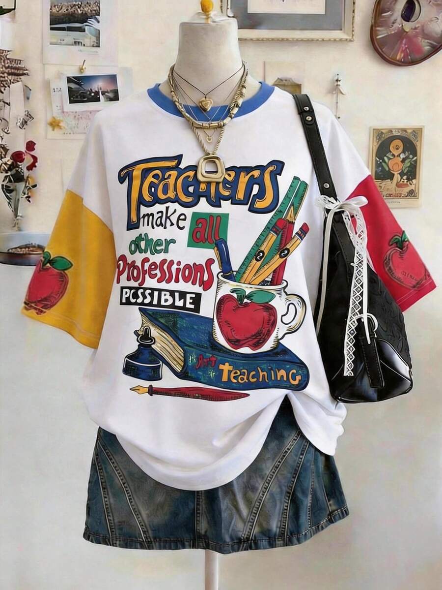 Lalippa Teacher's Day Digitally Printed Fashionable Minimalist Oversized Mid-Length Round Neck Drop Shoulder Women's T-Shirt, Gift For Friends - Multicolor - View 1