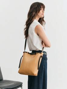 SHECARRY Ladies Brown Tote Bag, Smooth And Soft Flat PU Contrasting Color, Exquisite And Simple, Vintage   Large-Capacity Shoulder Bag,  For Ladies, Mothers, Daily, Commuting, Shopping - Brown coffee - View 8
