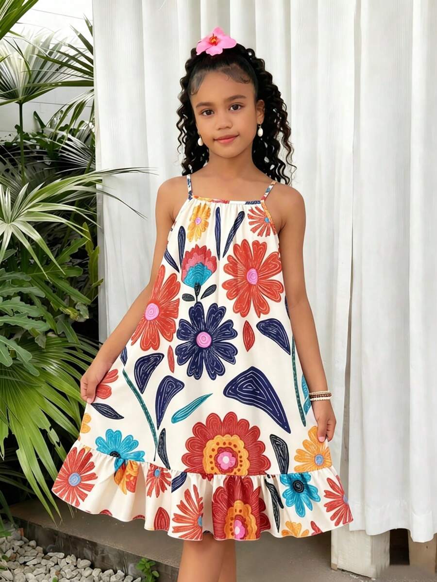 SHEIN Girls' Beige Tropical Beach Vacation Camisole Printed Dress,Vibrant Floral Loose A-Line Fit Ruffled Hem Breathable Fabric Spring Summer Outfit - Multicolor - View 1