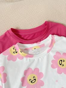 SHEIN 2件組少女/少女夏季柔軟粉色+印花休閒套裝，時尚搭配套裝適用於日常穿著、外出、度假、露營、拍照、雙胞胎穿搭 - 彩色 - 查看 4