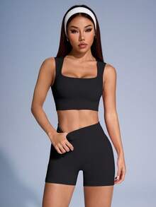 Sirith Women Solid Ribbed Fitness Tank Top & Shorts Set Workout Women Sets Sports - Black - View 4