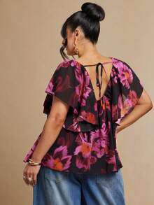 SHEIN BAE Áo kiểu nữ cỡ lớn in hoa màu tím, dáng rộng, xếp ly, thích hợp mặc đi nghỉ mát. - Màu tím - Xem 2