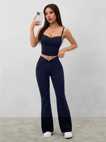 SHEIN PETITE 夏季黑色蕾絲拼接吊帶 + 喇叭褲女款修身兩件套，適合嬌小女性 - 藏蓝色 - 查看 8