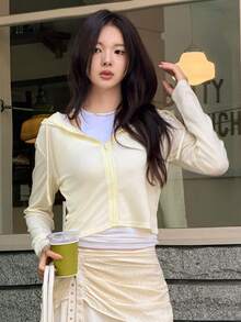 DAZY Women's Fashion Versatile Casual Zipper Front Short Hooded Lightweight Jacket Travel White Autumn - White - View 2