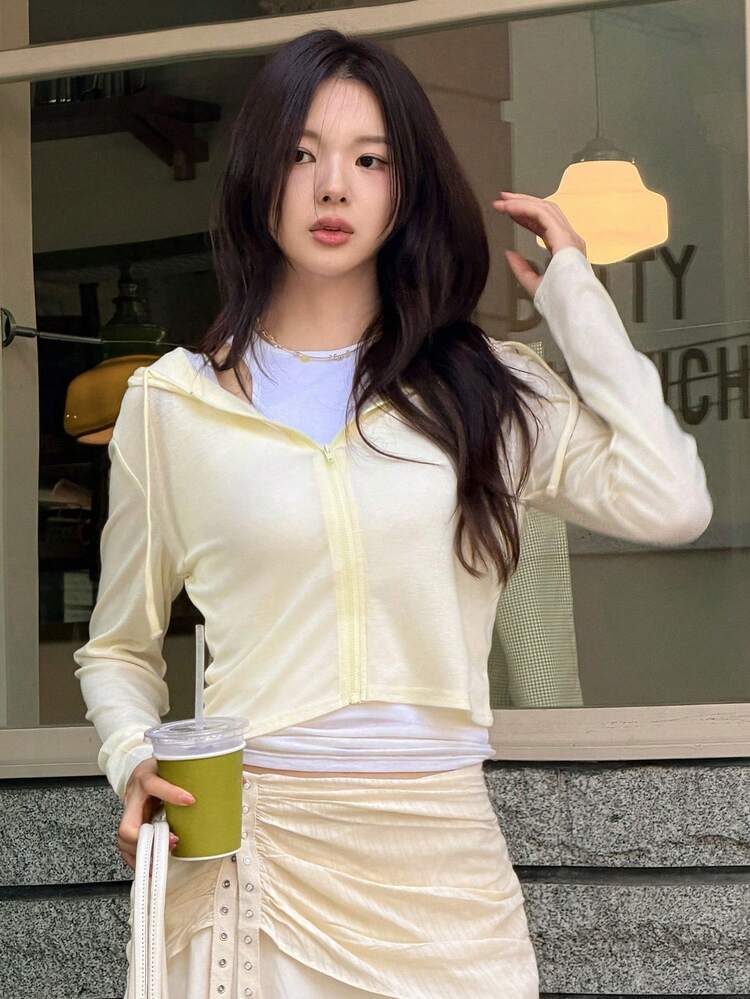 Women's Fashion Versatile Zipper Front Short Hooded Lightweight Jacket
