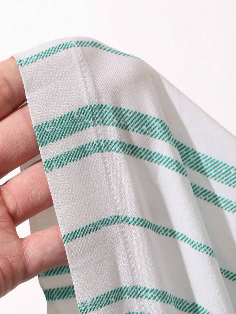 Vacation Style Striped V-Neck Raglan Sleeve Loose Mid-Length Tassel Cinched Waist Women Nightgown