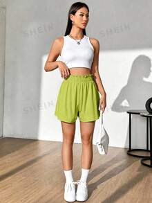 Flirla Women's Summer Casual Solid Color Ruffle Waist Shorts - Green - View 4