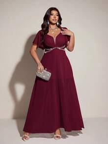 Viva Relle Plus Size Women's Elegant Romantic V-Neck Short Sleeve Flowing Dress, Spring/Summer - Burgundy - View 5