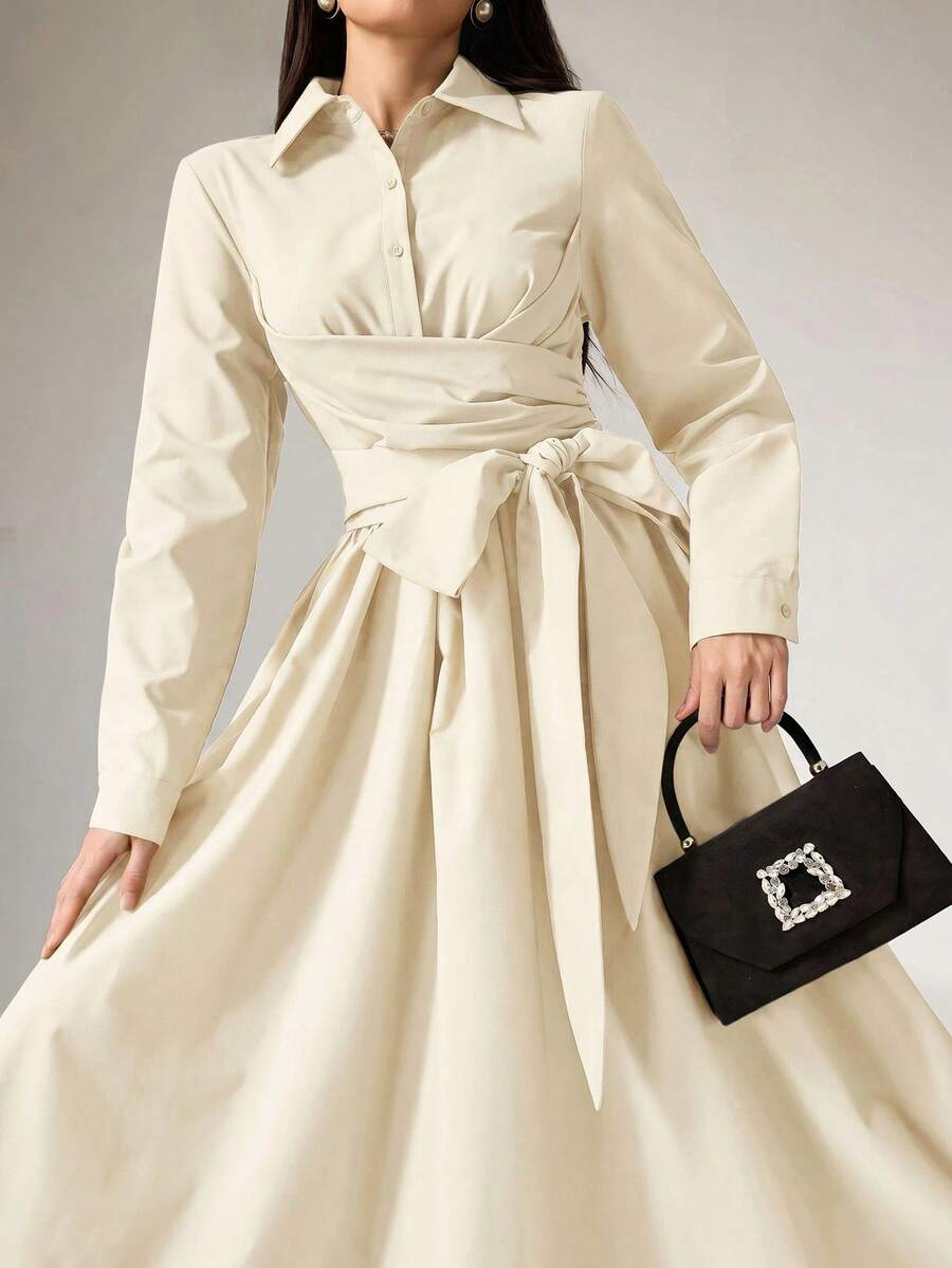 Heiryn Women's Casual Solid Color Tie-Up Long Sleeve Dress, Spring - Apricot - View 1