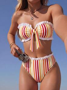 Swim Mod Spring/Summer Beach Vacation Striped Print Ruched Sweetheart Neck Crop Top And Ruffle Waist Triangle Bikini 2-Piece Swimwear Set - Multicolor - View 1