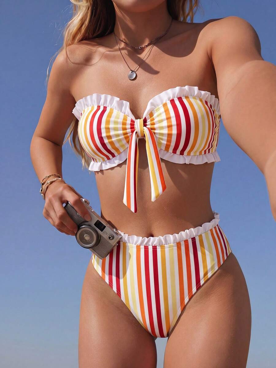 Swim Mod Spring/Summer Beach Vacation Striped Print Ruched Sweetheart Neck Crop Top And Ruffle Waist Triangle Bikini 2-Piece Swimwear Set - Multicolor - View 1
