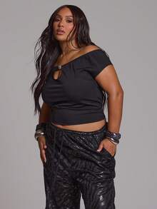 MUSERA Top de Manga Curta Ajustada com Detalhe de Recorte em Decote Keyhole, Elegante para Praia, Férias, Verão, Festival de Ibiza, Plus Size - Preto - Visão 3