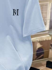 SHEIN 2件套休闲撞色Polo领拼接英文印花短袖T恤和字母印花抽绳短裤套装，适合青少年男孩 - 淺藍色 - 查看 5