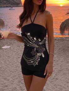 Opulessa Women's Summer Sexy Vacation Style Patchwork Sequin Beaded Knot Halter Dress - Black - View 6