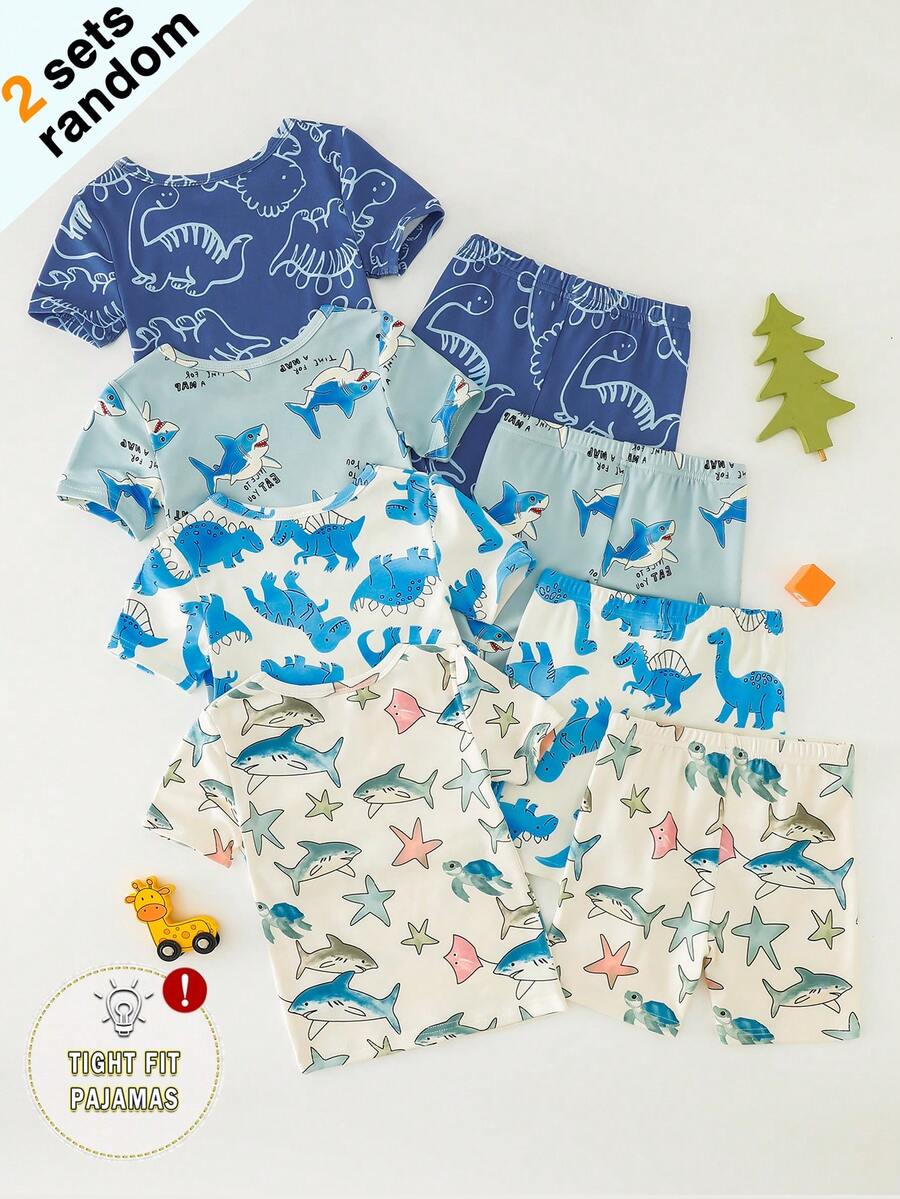 [Random 1Set ]Toddler Boys' Cute Cartoon Ocean Animal & Engineering Vehicle Print Pajamas Set,Snug Fit White Summer Family Matching - Multicolor - View 1