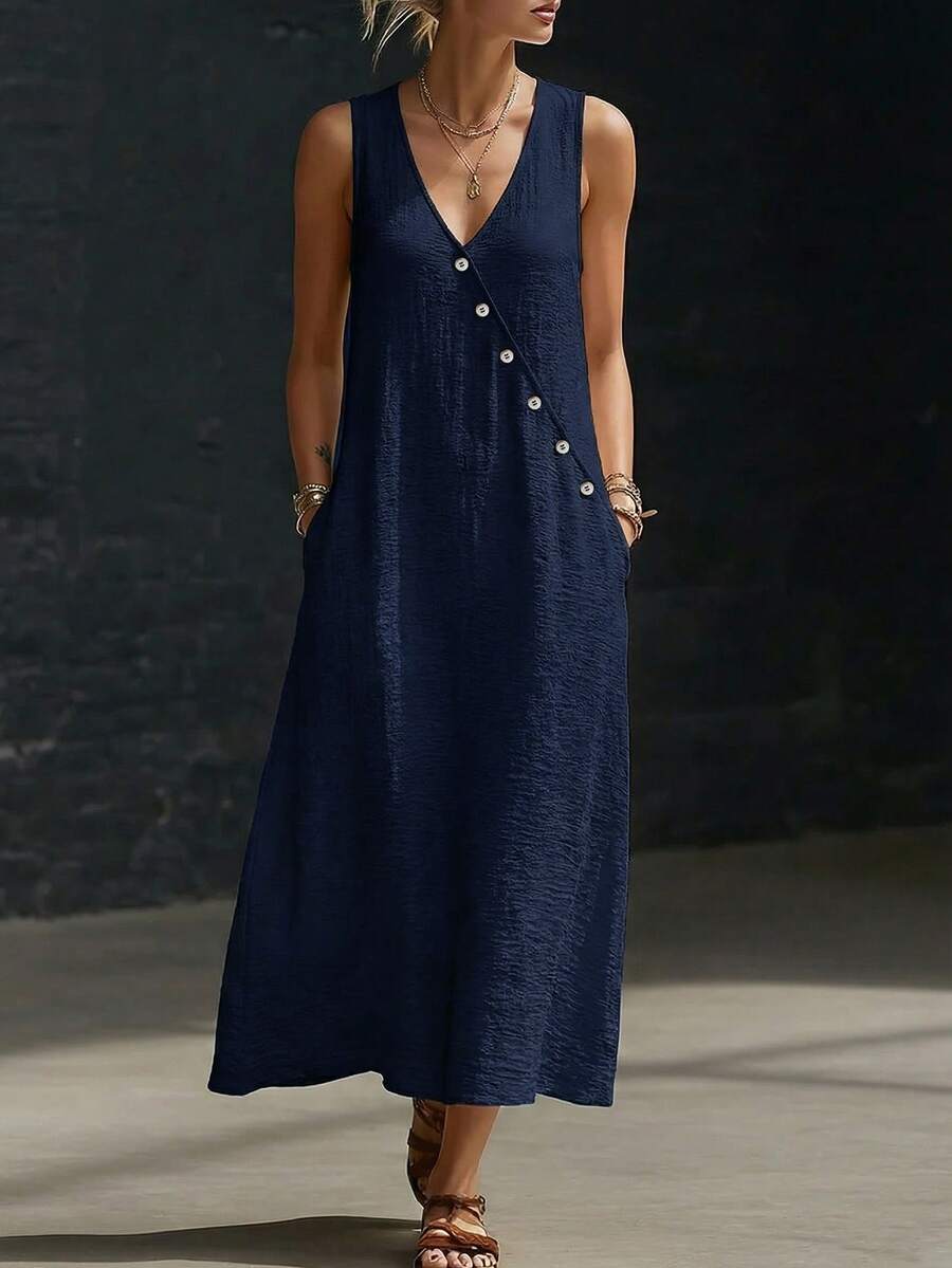 Weeklong Plus Size Women's Deep V-Neck Slanted Button Decor A-Line Casual Vacation Dress, Spring/Summer - Navy Blue - View 1