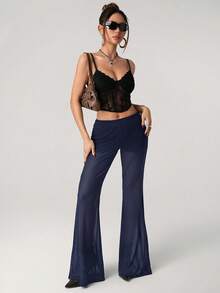 SHEIN ICON Summer Women's Going Out Night Concert Solid Color Mesh Patchwork Flare Pants, Suitable For Commuting Navy Blue Sexy - Navy Blue - View 3